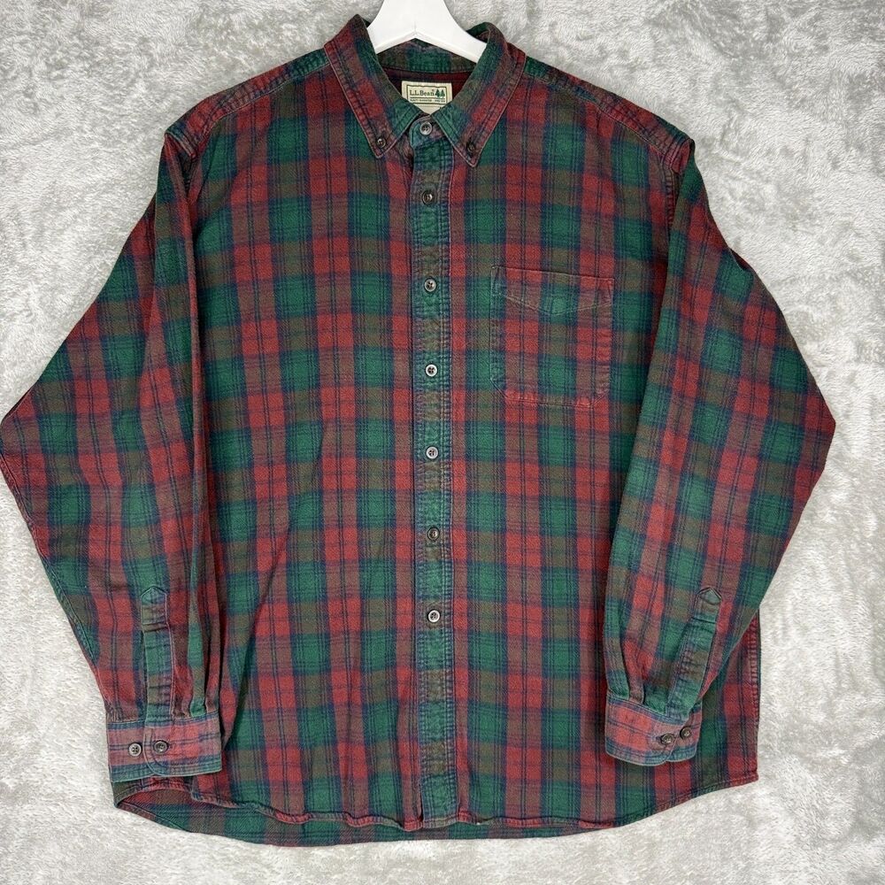 Vtg LL Bean Shirt Mens XL Check Plaid Green Red Button Down Long Sleeve Flannel